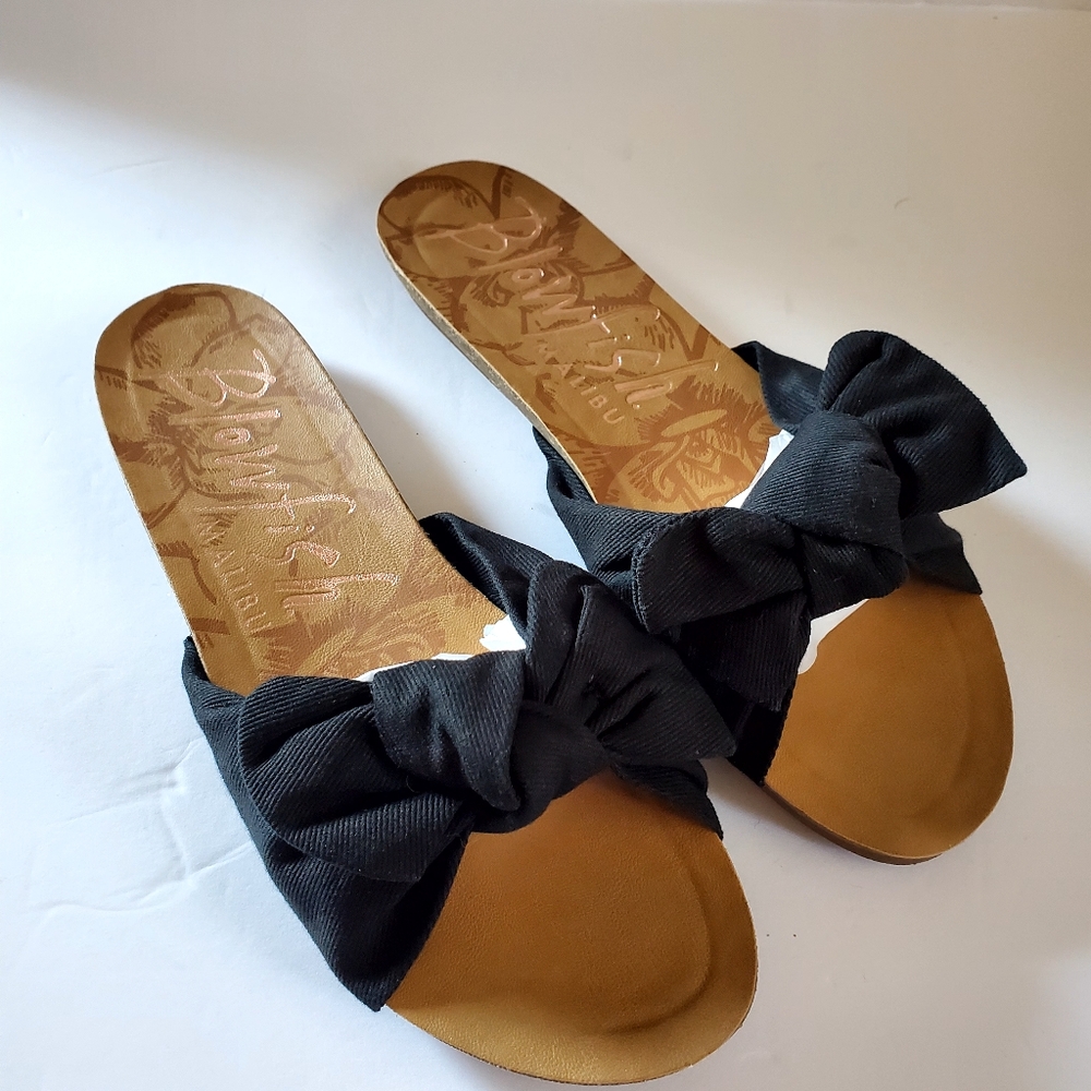 Blowfish Black Bow Sandals with Tan Footbed